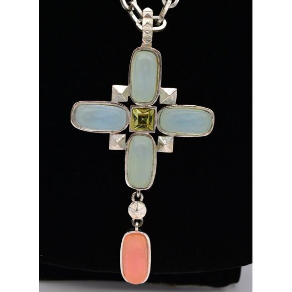 Karl Lagerfeld Vintage Cabochon Cross Necklace Frosted Glass Chunky Signed BinY